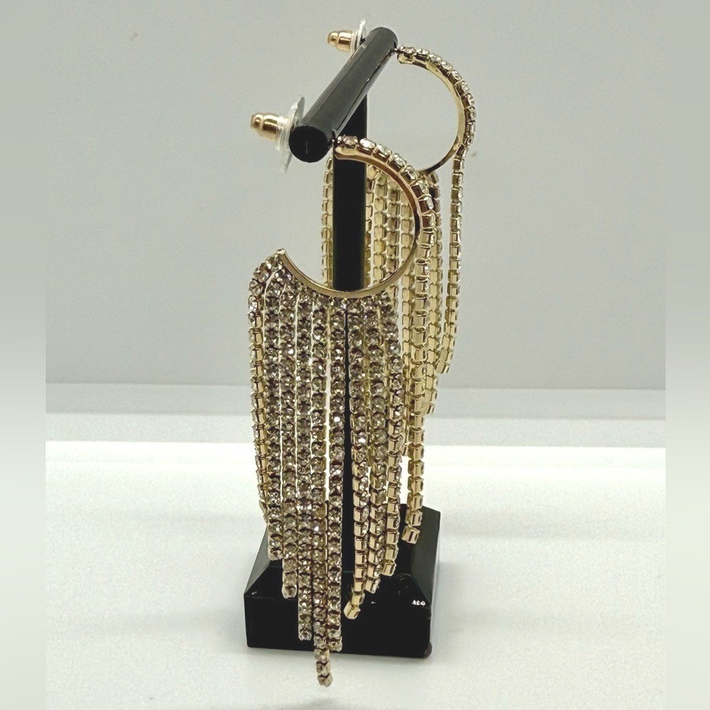 Daisy Fuentes Gold Tone Rhinestone‎ Fringe Hoop Earrings Statement Crystal Drop - Picture 2 of 4